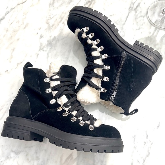 Steve Madden Resa Faux Shearling Moto Winter Boots suede - Picture 1 of 10
